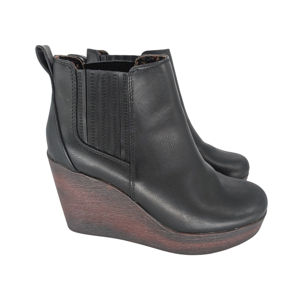 B.O.C. Athalia Gore Wedge Ankle Boot Women 10 Black Faux Leather Platform Boho